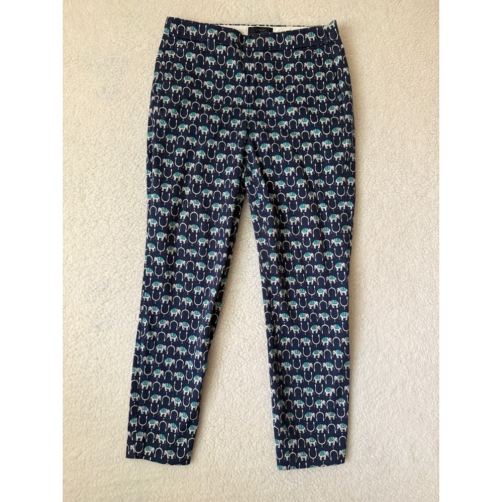 J Crew Martie Ankle Crop Pants Womens 0 Blue Elephant Print Stretch Twill